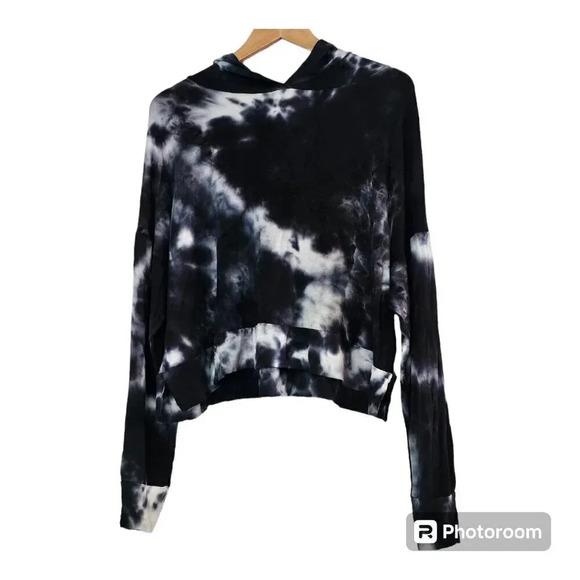 Veronica M Black & White Pullover Tie Dye Cropped Hoodie Long Sleeve Sweatshir L - Picture 1 of 7